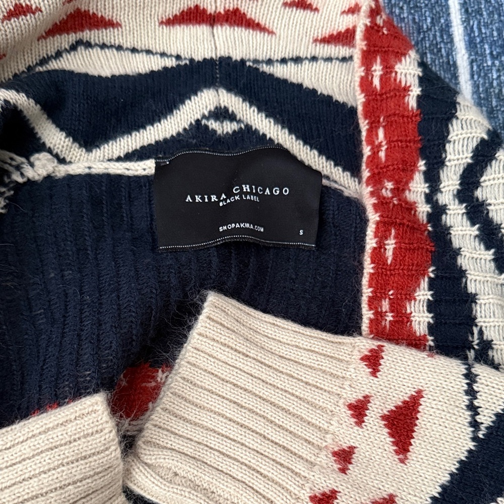 AKIRA Geometric Knit Cardigan in Red and Navy - Picture 2 of 2